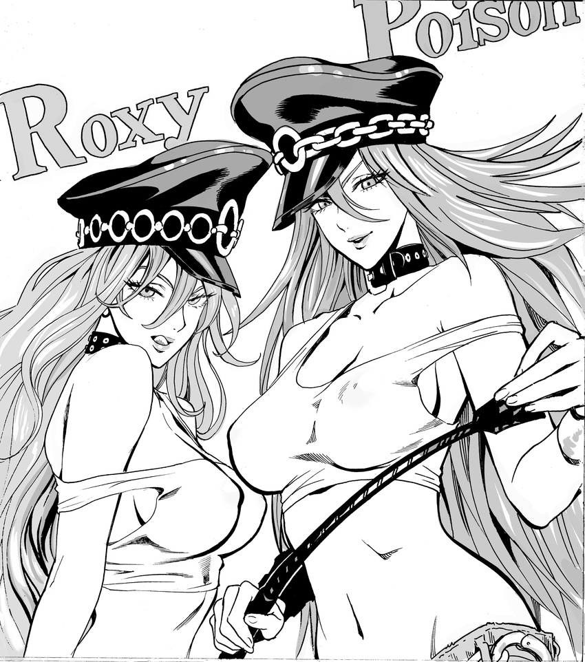 absurdres breasts choker collarbone covered_nipples final_fight from_side greyscale hat highres holding huge_breasts licking_lips long_hair looking_at_viewer midriff monochrome multiple_girls murata_yuusuke navel poison_(final_fight) roxy see-through sideboob strap_slip tank_top tongue tongue_out upper_body very_long_hair whip white_background