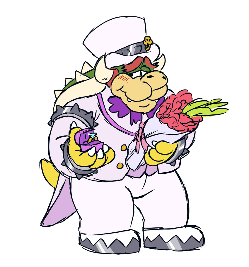 2017 anthro armlet biped blush bouquet bowser box bracelet clothed clothing diamond_(gem) digital_drawing_(artwork) digital_media_(artwork) embarrassed fangs flower footwear front_view full-length_portrait fully_clothed gem green_body half-closed_eyes hat holding_flower holding_object horn jewelry koopa looking_away male mario_bros necktie nintendo pants plant portrait proposal ring ring_box scalie shell shoes simple_background slimeymonsterguts solo spiked_armlet spiked_bracelet spiked_shell spikes super_mario_odyssey tan_body top_hat tuxedo video_games wedding_ring white_background white_clothing white_horn yellow_body yellow_tail