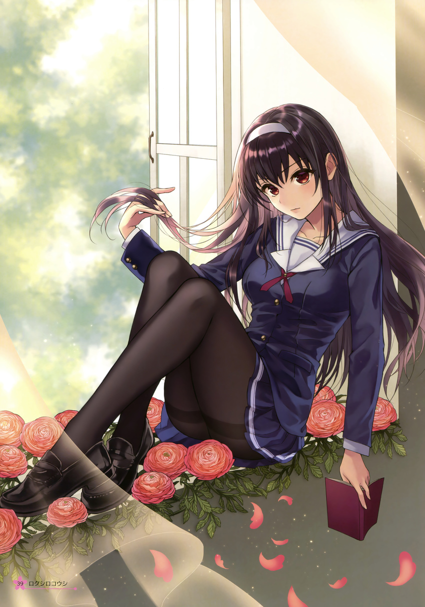 absurdres black_footwear black_jacket black_legwear black_skirt blazer blurry blurry_background blush book breasts buttons closed_mouth curtains day eyebrows_visible_through_hair flower hairband hand_in_hair highres holding holding_book jacket kasumigaoka_utaha knees_up koushi_rokushiro light_smile lips loafers long_hair long_sleeves medium_breasts miniskirt older open_book open_window page_number pantyhose petals pleated_skirt red_eyes saenai_heroine_no_sodatekata scan school_uniform shoes sitting skirt solo thighband_pantyhose very_long_hair white_hairband wind window windowsill