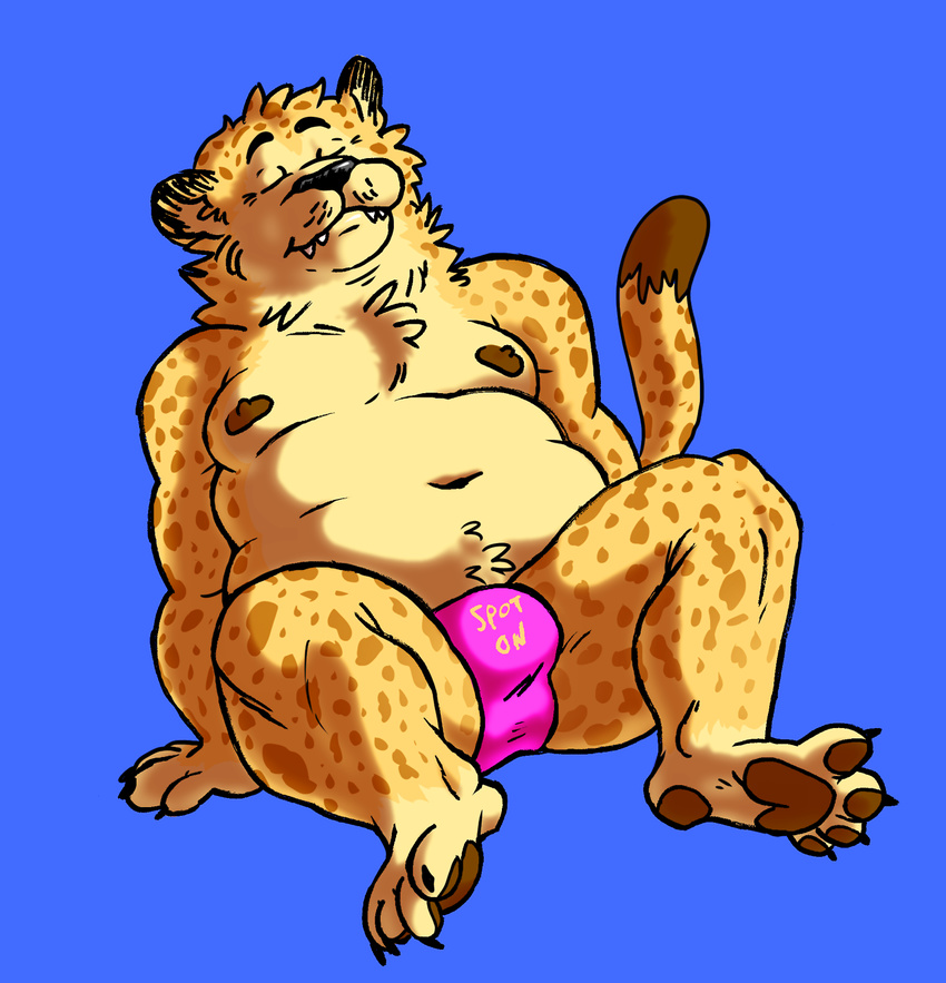 2017 4_fingers 4_toes anthro arm_support belly big_belly big_thighs biped black_nose blue_background brown_fur brown_nipples brown_pawpads brown_tail bulge cheek_tuft cheetah chest_tuft clothed clothing crotch_tuft deep_navel digital_drawing_(artwork) digital_media_(artwork) dipstick_tail english_text eyes_closed fangs feline front_view full-length_portrait fur head_tuft hi_res leaning leaning_back male mammal moobs multicolored_fur multicolored_tail navel neck_tuft nipples overweight overweight_male pawpads pink_bottomwear pink_clothing plantigrade portrait reclining simple_background sitting slimeymonsterguts smile solo spots spotted_fur spotted_tail spread_legs spreading stubble text toes topless tuft two_tone_fur two_tone_tail underwear yellow_fur yellow_tail