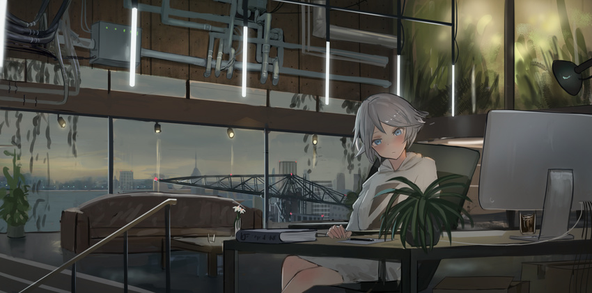 :/ bad_id bad_pixiv_id blue_eyes blush book city computer couch crane cup desk dress drinking_glass flipped_hair flower grey_dress grey_hair head_tilt highres indoors looking_at_viewer monitor office original pen pipes plant potted_plant railing reido_(reido_c) scenery short_hair sitting skyline table window