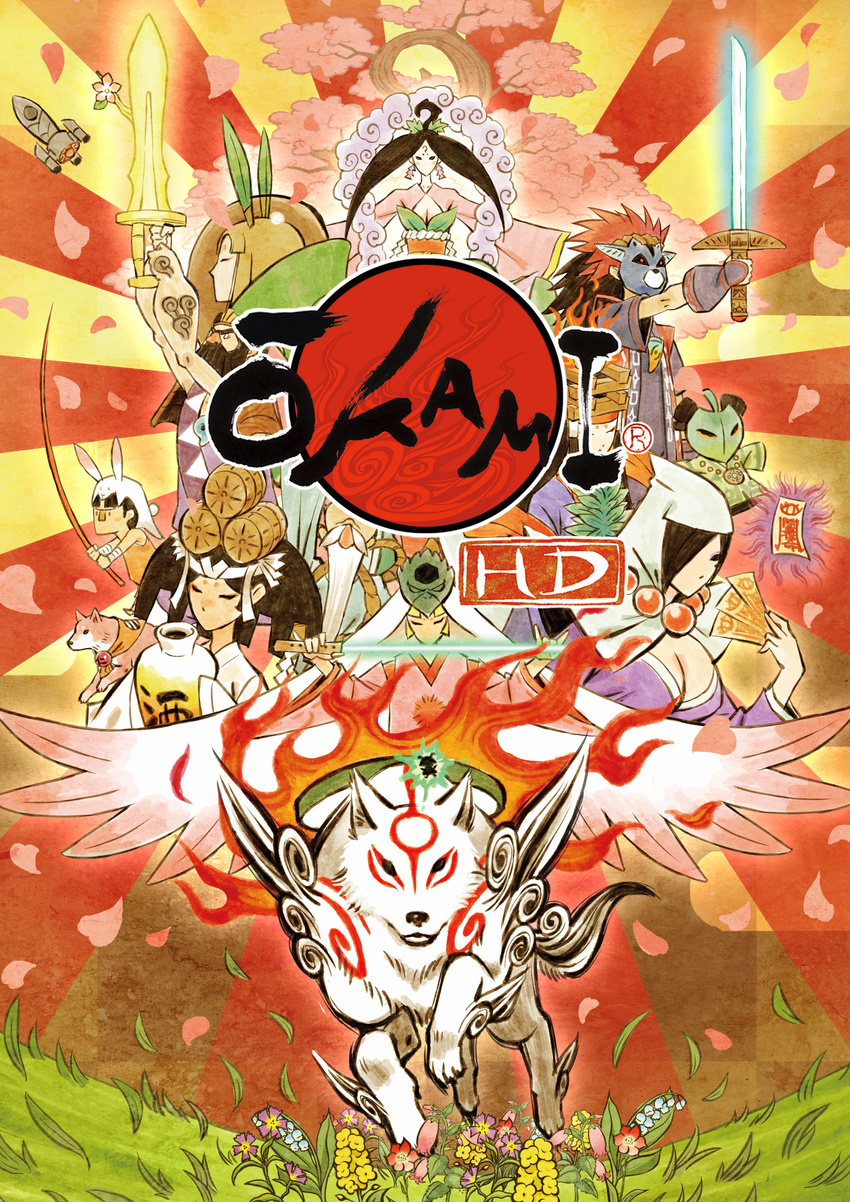 6+girls absurdres amaterasu beard breasts cherry_blossoms cleavage copyright_name dog everyone facial_hair flower glowing glowing_sword glowing_weapon grass helmet highres himiko_(ookami) huge_breasts issun japanese_clothes kaguya_(ookami) kimono kushi lika logo looking_at_viewer markings mask mr_orange multiple_boys multiple_girls official_art okikurumi_(ookami) ookami_(game) petals plant running sakuya_(ookami) sun susanoo_(ookami) sword tree tsuzurao ushiwakamaru weapon wolf