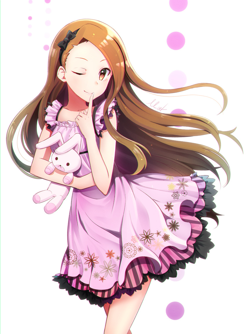bad_revision bow brown_hair downscaled_revision dress finger_to_mouth hair_bow hairband highres idolmaster idolmaster_(classic) long_hair looking_at_viewer md5_mismatch meet minase_iori one_eye_closed pink_dress red_eyes signature solo stuffed_animal stuffed_bunny stuffed_toy very_long_hair