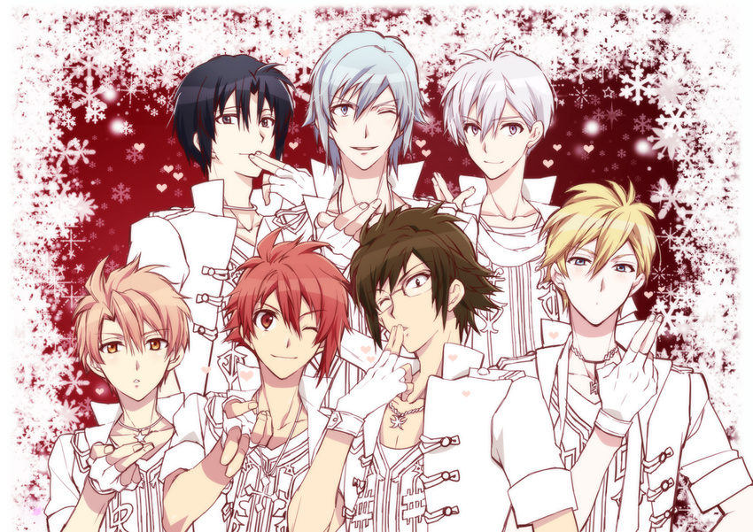 blonde_hair blown_kiss blue_hair fingerless_gloves glasses gloves green_hair idolish_7 izumi_iori izumi_mitsuki jewelry looking_at_viewer male_focus multiple_boys nanase_riku necklace nikaido_yamato official_art one_eye_closed orange_hair osaka_sougo red_hair rokuya_nagi snowflakes tanemura_arina white_gloves white_hair yotsuba_tamaki