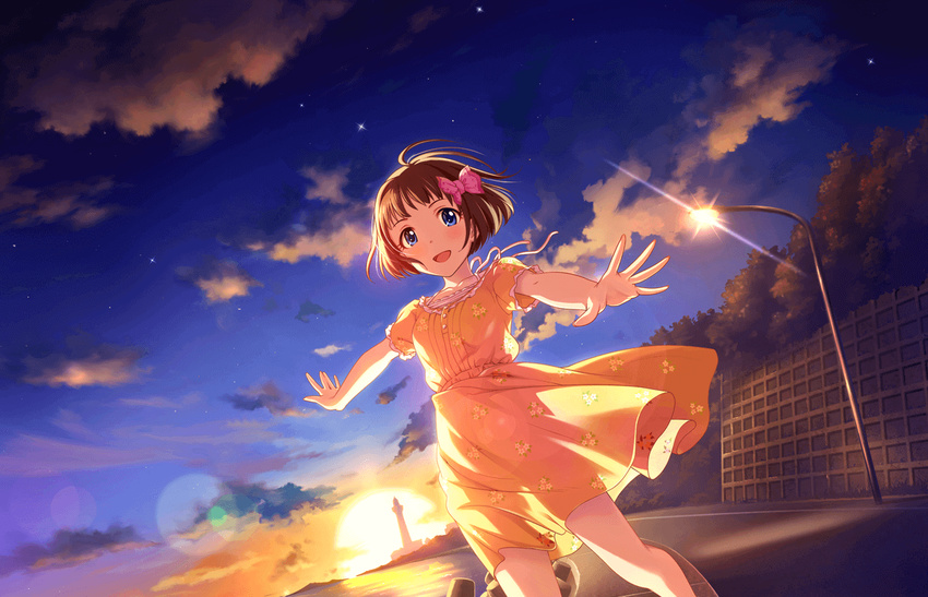 :d artist_request blue_eyes brown_hair dress idolmaster idolmaster_cinderella_girls idolmaster_cinderella_girls_starlight_stage kudou_shinobu lighthouse official_art open_mouth outstretched_arms short_hair sky smile solo spread_arms star_(sky) starry_sky sun twilight wind