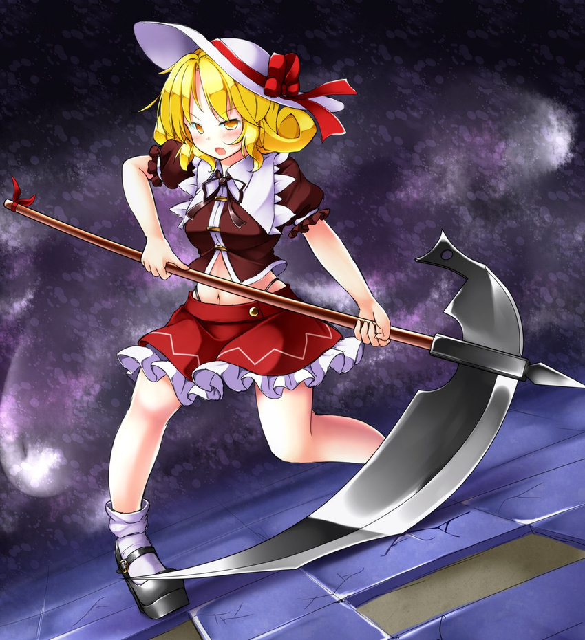 adapted_costume aka_tawashi angry blonde_hair blush bow breasts brown_ribbon brown_shirt commentary_request d: elly hat hat_bow highleg highleg_panties highres holding holding_scythe holding_weapon legs looking_at_viewer mary_janes medium_breasts midriff navel open_clothes open_mouth open_shirt panties petticoat puffy_short_sleeves puffy_sleeves red_bow red_skirt ribbon scythe shirt shoes short_hair short_sleeves skirt socks solo stomach tile_floor tiles touhou touhou_(pc-98) underwear v-shaped_eyebrows weapon white_hat yellow_eyes