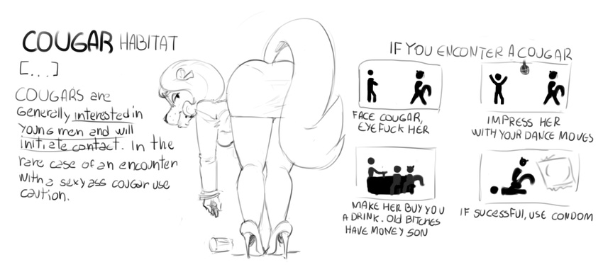 anthro beauty_mark bent_over big_butt black_and_white breasts butt clothing condom cougar counting_cougar dancing dbaru english_text eyewear feline footwear glasses hair high_heels humanoid humor looking_back mammal monochrome nickelodeon parody shoes smile t.u.f.f._puppy text