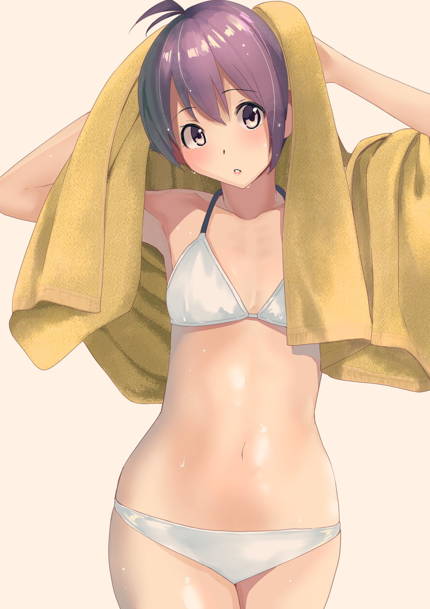 ahoge armpits bikini blush brown_eyes collarbone commentary_request drying drying_hair flat_chest grey_background hair_between_eyes halterneck hands_in_hair highres kantai_collection looking_at_viewer masukuza_j navel parted_lips purple_hair sakawa_(kantai_collection) short_hair simple_background skindentation solo swimsuit towel upper_body wet white_bikini