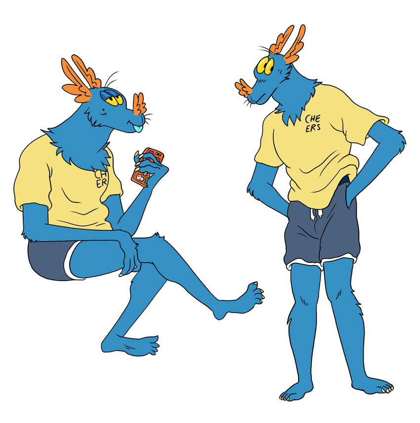 2017 4_fingers 4_toes absurd_res anthro arm_tuft barefoot bat bat_nose beauty_mark biped black_eyes blep blue_fur blue_tongue cellphone cheek_tuft clothed clothing colored_nails digital_drawing_(artwork) digital_media_(artwork) feet front_view full-length_portrait fully_clothed fur grey_bottomwear grey_clothing half-closed_eyes hands_in_pockets hi_res holding_object holding_phone humanoid_feet humanoid_hands leg_tuft looking_away male mammal mole_(marking) multiple_poses neck_tuft orange_nose phone portrait pose shirt shorts side_view simple_background sitting slimeymonsterguts slimeymonsterguts_(fursona) solo standing toes tongue tongue_out toony tuft whiskers white_background yellow_clothing yellow_nails yellow_sclera yellow_topwear