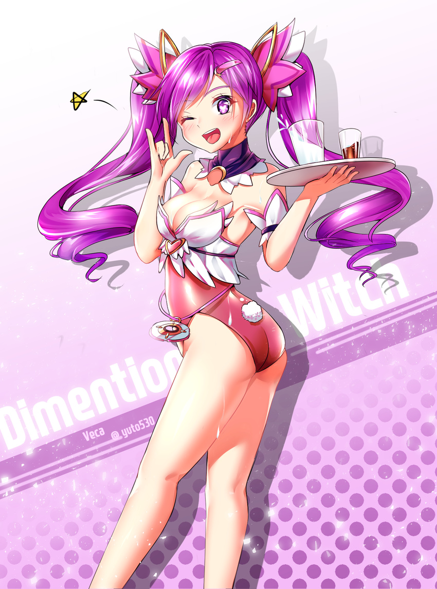 ;d aisha_(elsword) arm_strap artist_name ass bare_legs breasts bunny_tail character_name choker cleavage dimension_witch_(elsword) elsword flat_ass glass hair_ornament hairclip heart heart-shaped_pupils highres holding leotard long_hair medium_breasts one_eye_closed open_mouth pink_leotard purple_eyes purple_hair smile solo standing star strapless strapless_leotard symbol-shaped_pupils tail tongue twintails veca very_long_hair