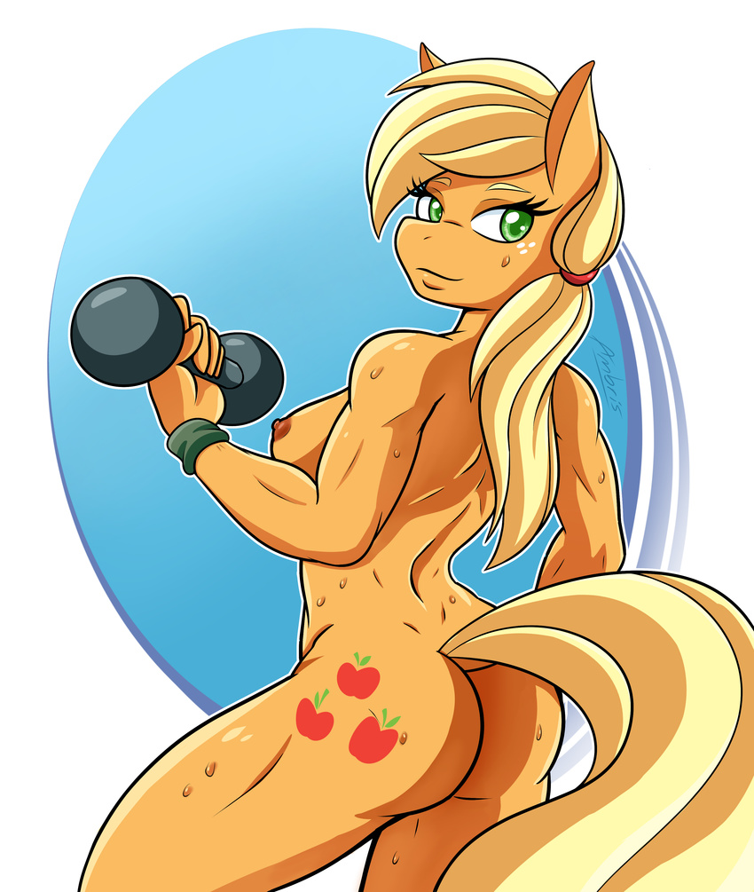 2017 5_fingers ambris anthro anthrofied applejack_(mlp) areola blonde_hair breasts butt cutie_mark dumbbell earth_pony equine eyebrows eyelashes female freckles friendship_is_magic green_eyes hair hi_res horse long_hair mammal muscular muscular_female my_little_pony nipples nude pony ponytail solo sweat sweatband weights