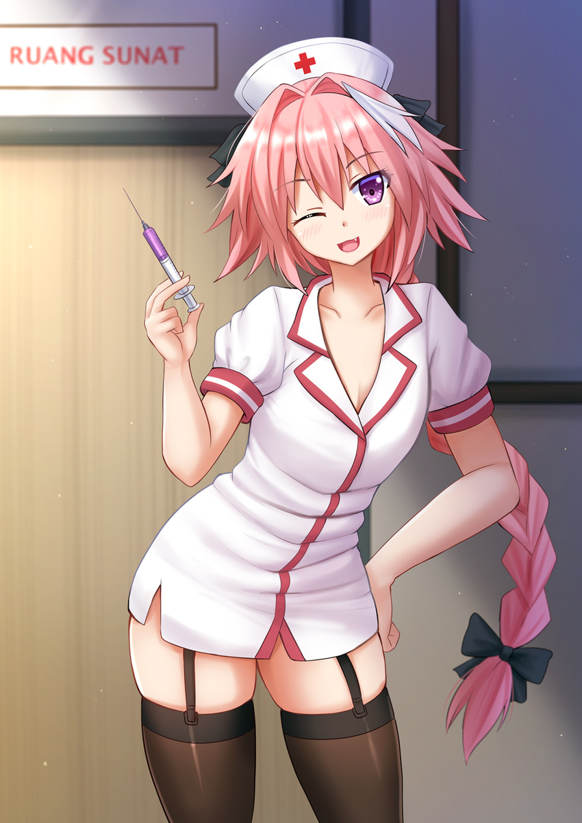 ;d alternate_costume astolfo_(fate) black_bow bow braid brown_legwear collarbone commentary contrapposto eyebrows_visible_through_hair eyes_visible_through_hair fang fate/apocrypha fate_(series) garter_straps hair_bow hair_intakes hair_ribbon hand_on_hip hat highres indonesian kazenokaze long_hair looking_at_viewer male_focus nurse nurse_cap one_eye_closed open_mouth otoko_no_ko pink_hair purple_eyes ribbon single_braid skindentation smile solo standing syringe thighhighs translated very_long_hair