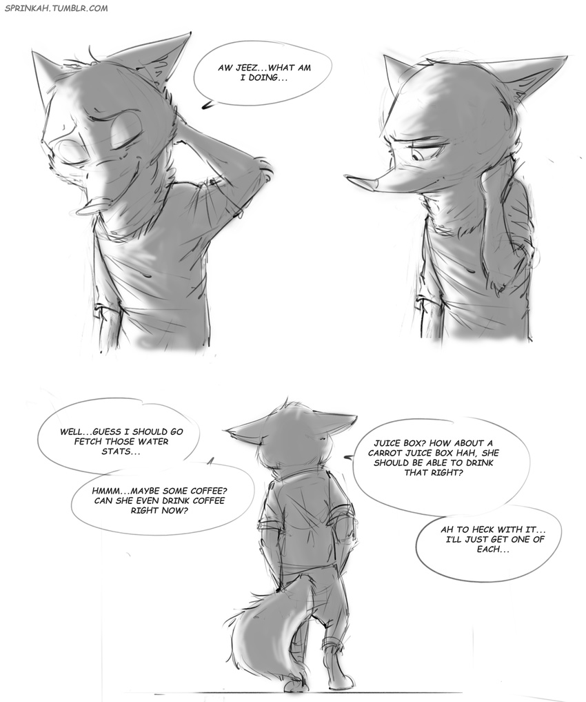 2017 anthro barefoot canine clothed clothing comic dialogue disney english_text fox greyscale male mammal monochrome nick_wilde solo sprinkah standing text url zootopia