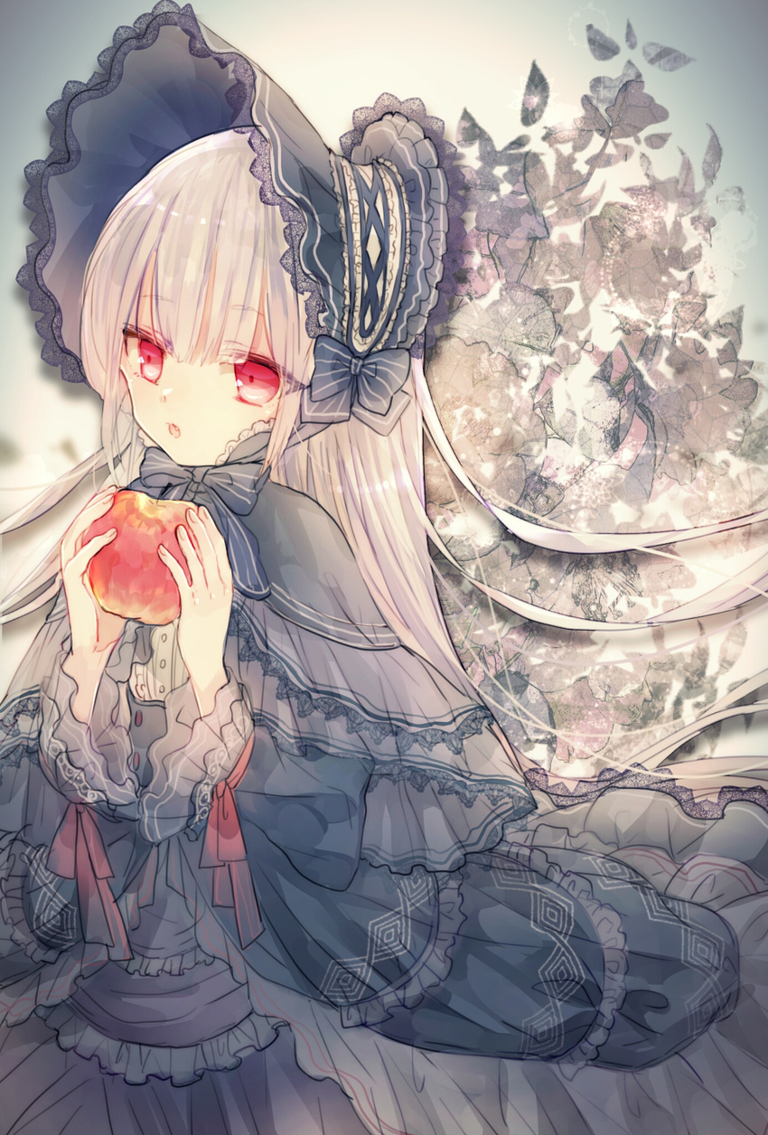 apple bangs black_dress bonnet capelet commentary_request dress expressionless food frills fruit gothic_lolita grey grey_hair highres holding holding_food holding_fruit lolita_fashion long_hair mayoko_na_kuroneko open_mouth original sidelocks solo tsurime very_long_hair