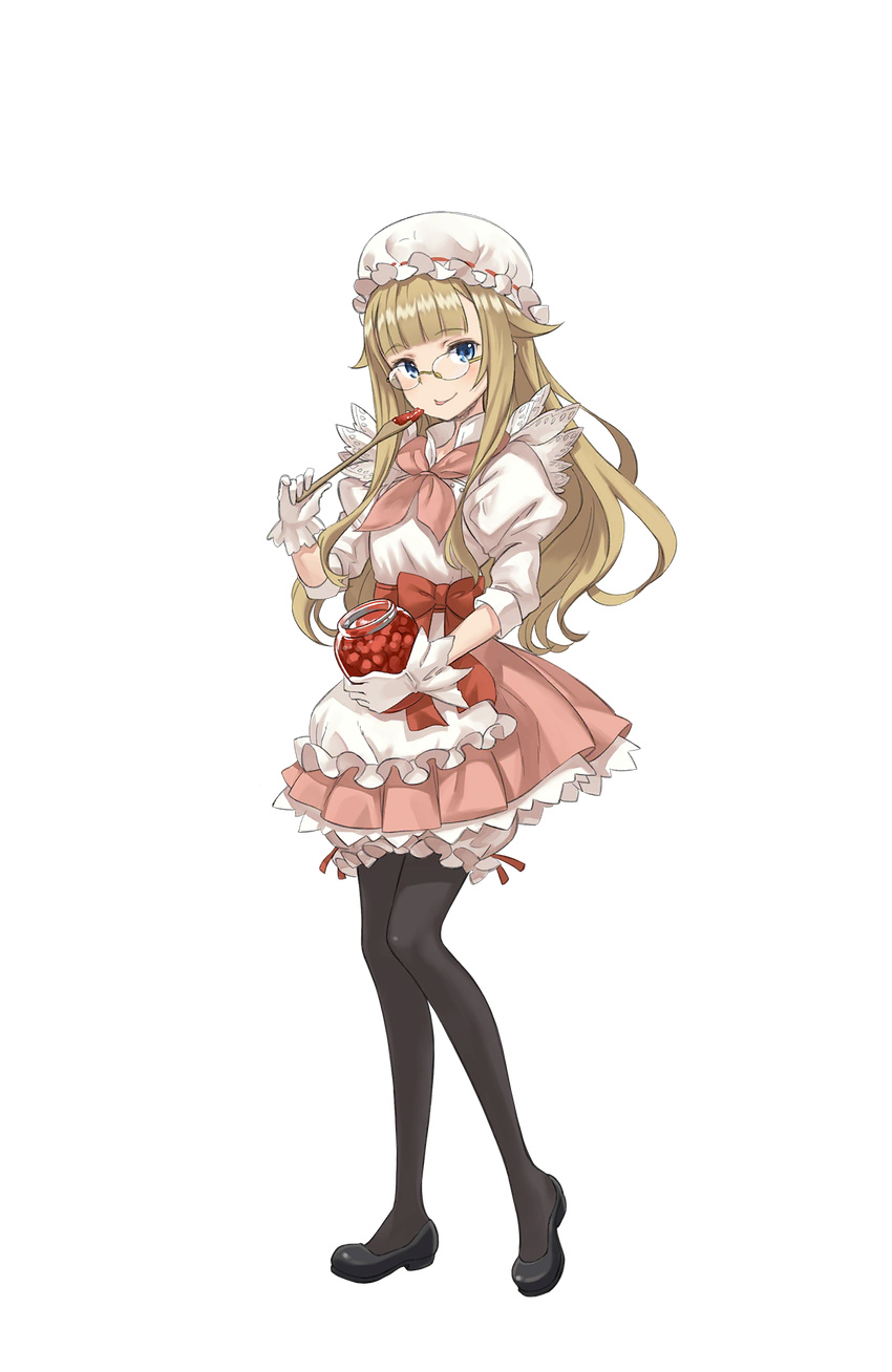 alternate_costume bangs black_footwear blonde_hair blue_eyes blunt_bangs bow full_body gloves hat highres jam licking_lips long_hair looking_at_viewer makaria official_art pantyhose pink_bow pink_skirt princess_(princess_principal) princess_principal princess_principal_game_of_mission shoes skirt smile solo standing tongue tongue_out transparent_background white_gloves white_hat