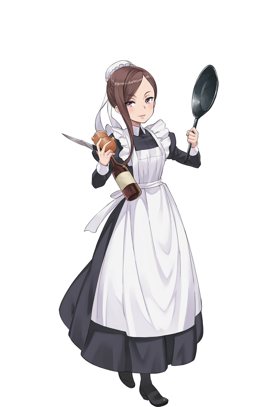 alcohol apron black_footwear bottle brown_hair dorothy_(princess_principal) dress frying_pan full_body highres knife long_dress looking_at_viewer maid maid_apron maid_cap makaria official_art onion princess_principal princess_principal_game_of_mission purple_eyes shoes solo standing transparent_background victorian_maid wine_bottle