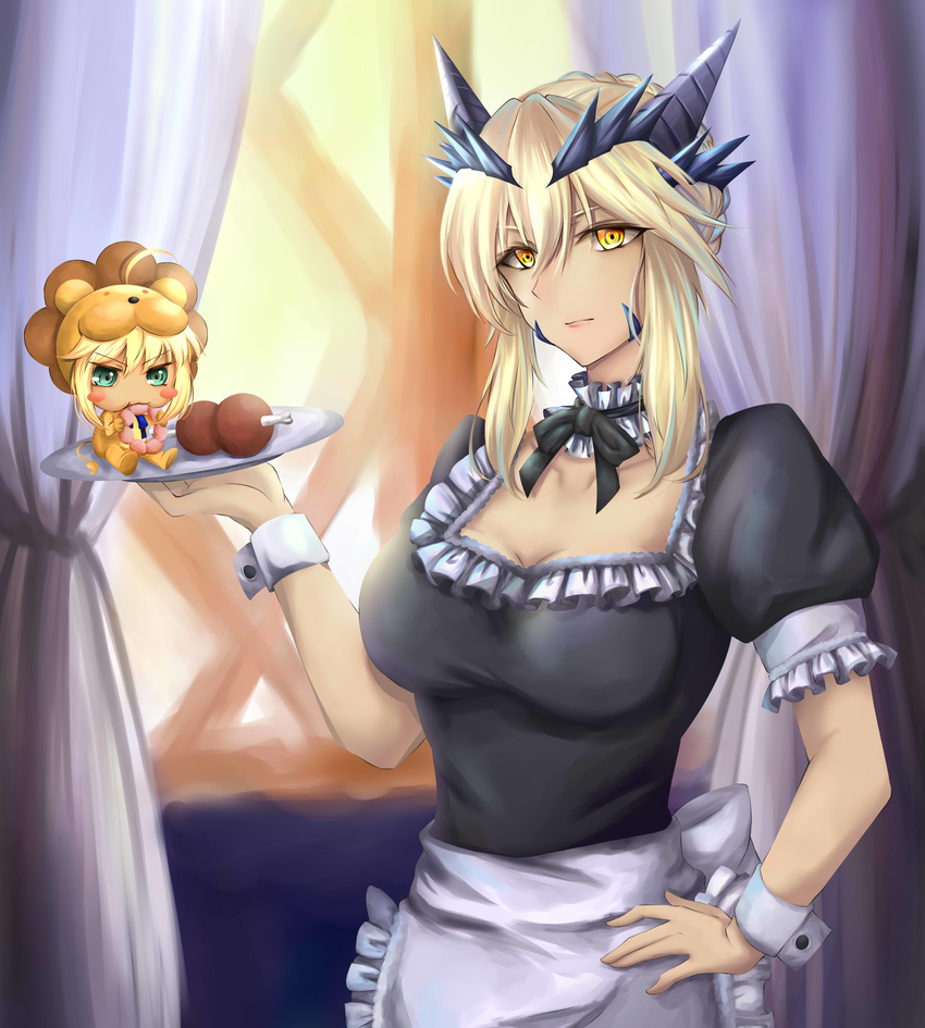 absurdres artoria_pendragon_(all) artoria_pendragon_(lancer_alter) blonde_hair braid breasts cleavage collarbone commentary_request cosplay curtains dress fate/grand_order fate/stay_night fate/tiger_colosseum fate_(series) highres horns large_breasts long_hair looking_at_viewer maid_headdress multiple_girls saber_alter saber_alter_(cosplay) saber_lion shiki_(chen321aa) yellow_eyes