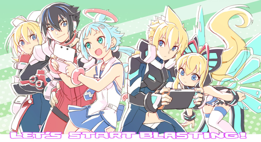 3girls aqua_hair azure_striker_gunvolt black_hair blaster_master_zero blonde_hair blue_eyes bodysuit bow bracelet braid commentary company_connection ekoro_(galgun) english eve_(blaster_master_zero) fingerless_gloves floating gal_gun gal_gun_double_peace gloves green_background gunvolt hair_bow halo handheld_game_console highres inti_creates jacket jason_frudnick jewelry looking_at_another lumen_(gunvolt) mechanical_wings multicolored_hair multiple_boys multiple_girls natsume_yuji necktie nintendo_3ds nintendo_switch official_art playing_games red_gloves red_jacket short_hair sleeveless streaked_hair thighhighs white_bow white_legwear wings