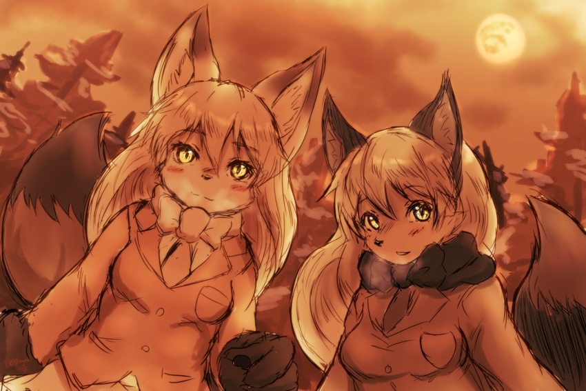 alternate_species anthro bangs blush bow_tie canine cheek_tuft clothed clothing countershade_face countershading daiha detailed_background digital_drawing_(artwork) digital_media_(artwork) dipstick_ears dipstick_tail duo eyebrows eyelashes ezo_red_fox_(kemono_friends) female forest fox front_view full_moon fully_clothed furrification hair inner_ear_fluff japanese_text kemono kemono_friends long_hair long_sleeves looking_at_viewer mammal melanistic miniskirt moon multicolored_tail night outside pawpads raised_tail red_fox shirt signature silver_fox silver_fox_(kemono_friends) sketch skirt smile text tree tuft url yellow_eyes
