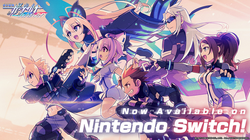 3girls ahoge asimov_(gunvolt) azure_striker_gunvolt black_gloves blonde_hair bodysuit brown_hair butterfly_hair_ornament detached_sleeves english fingerless_gloves gino_(gunvolt) gloves gun gunvolt hair_ornament hatakeyama_yoshitaka highres joule_(gunvolt) logo long_coat long_hair lumen_(gunvolt) mechanical_wings midriff monica_(gunvolt) multiple_boys multiple_girls official_art pointing ponytail profile purple_eyes purple_hair spiked_hair sunglasses wallpaper watermark weapon wings