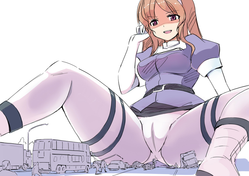 ashigara_(kantai_collection) belt blouse blush boots breasts brown_eyes brown_hair car destruction elbow_gloves giantess gloves ground_vehicle hairband hand_in_hair highway horned_headwear kantai_collection lamppost long_hair medium_breasts motor_vehicle multiple_boys panties pantyhose running scenery seo_tatsuya simple_background sitting skirt tree truck underwear uniform wavy_hair white_gloves white_legwear white_panties