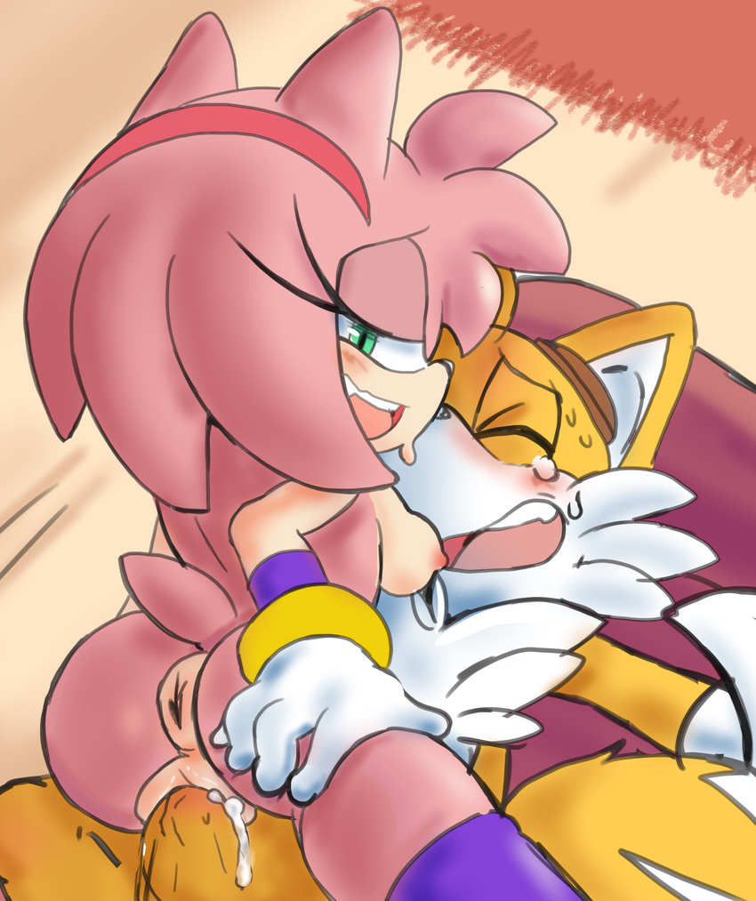 2017 absurd_res amy_rose anthro anus blush breasts butt canine clothing cum cum_in_pussy cum_inside dipstick_tail duo eyes_closed female fox fur gloves green_eyes hair hand_on_butt hedgehog hi_res legwear male male/female mammal miles_prower mostly_nude multicolored_tail nipples open_mouth orgasm penis pink_body pink_hair senshion sex short_hair sonic_(series) vaginal video_games white_fur yellow_fur