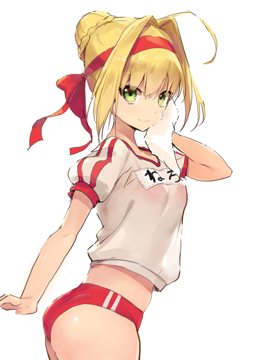 ahoge ass blonde_hair bra bra_through_clothes braid breasts buruma closed_mouth cowboy_shot crop_top eyebrows_visible_through_hair fate/grand_order fate_(series) flat_ass from_side green_eyes gym_uniform hair_bun hair_intakes hairband headband highres leaning_forward looking_at_viewer midriff name_tag nero_claudius_(fate) nero_claudius_(fate)_(all) olympian_bloomers red_bra red_buruma see-through sekisei shirt short_sleeves simple_background small_breasts smile solo sweat towel underwear white_background white_shirt