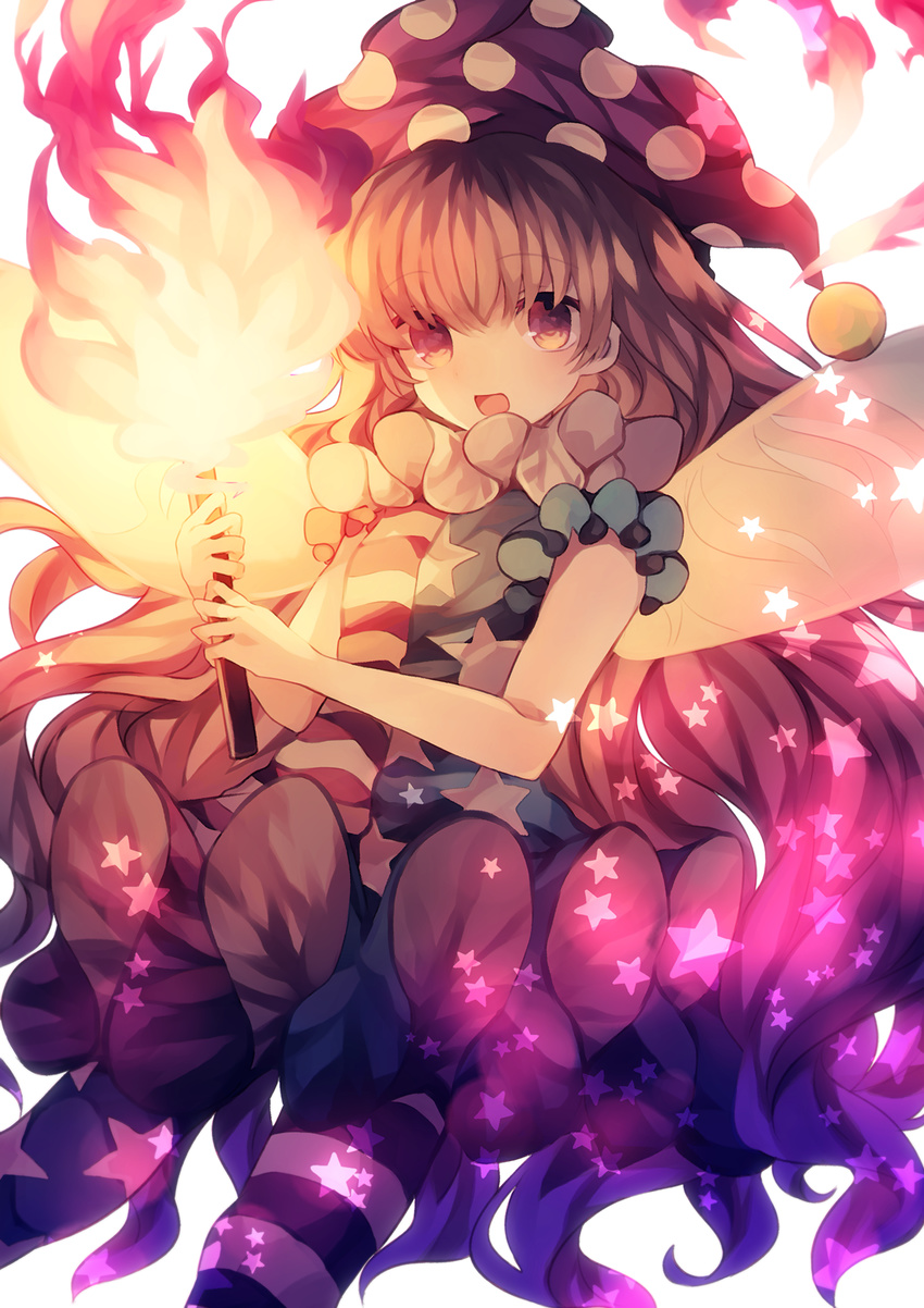 american_flag_dress american_flag_legwear bangs blonde_hair clownpiece dress fairy_wings fire hat highres holding jester_cap long_hair looking_at_viewer neck_ruff pantyhose polka_dot red_eyes short_dress short_sleeves simple_background smile solo star star_print striped torch touhou very_long_hair wavy_hair white_background wings wiriam07