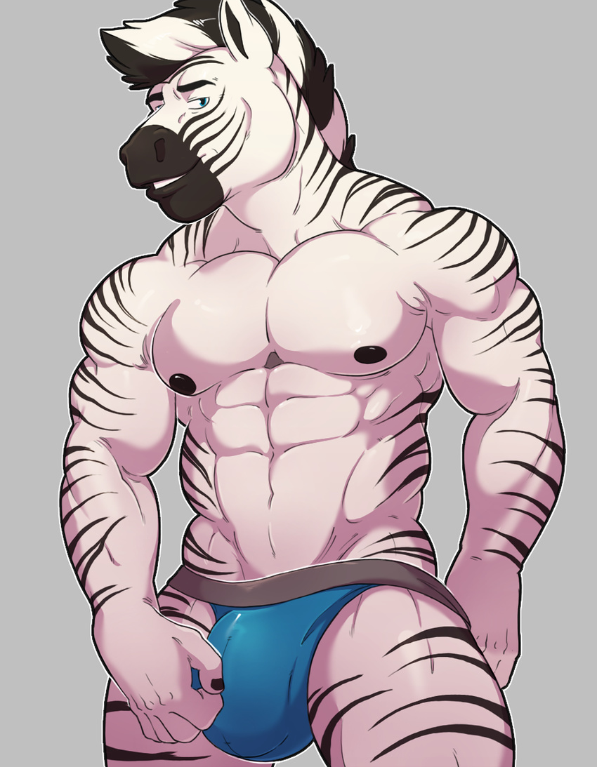 2017 5_fingers abs ace_wimbley anthro biceps biped black_fur black_hair black_nipples black_stripes blue_bottomwear blue_clothing blue_eyes blue_underwear bulge clothed clothing digital_media_(artwork) equine eyebrows front_view fur grey_background hair hi_res humanoid_hands jockstrap knuxlight looking_at_viewer male mammal mohawk multicolored_fur multicolored_hair muscular muscular_male nipples pecs pepsi_(fa) portrait serratus simple_background smile snout solo standing striped_fur stripes teeth three-quarter_portrait topless two_tone_fur two_tone_hair underwear white_fur white_hair zebra