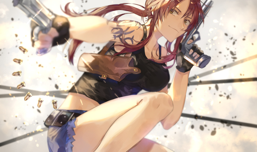 absurdres bangs black_lagoon blurry breasts brown_eyes brown_hair bullet closed_mouth commentary_request denim denim_shorts depth_of_field dual_wielding grin gun handgun highres holding holding_gun holding_weapon holster long_hair looking_at_viewer medium_breasts one_knee pistol ponytail revy_(black_lagoon) short_shorts shorts sidelocks smile solo tank_top tsugutoku weapon