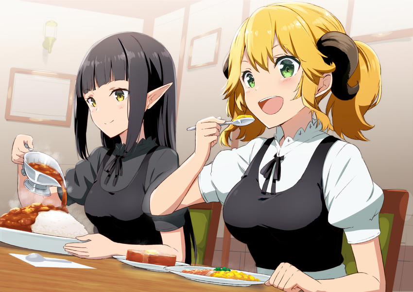 :d aletta bangs black_blouse black_hair blonde_hair blouse blunt_bangs breasts closed_mouth curry curry_rice dress dutch_angle eating food gochou_(atemonai_heya) gravy_boat green_eyes hand_up holding holding_spoon horns indoors isekai_shokudou kuro_(isekai_shokudou) living_room long_hair medium_breasts multiple_girls open_mouth pinafore_dress pointy_ears ponytail pouring puffy_short_sleeves puffy_sleeves rice short_sleeves sidelocks smile spoon straight_hair twintails wavy_hair white_blouse