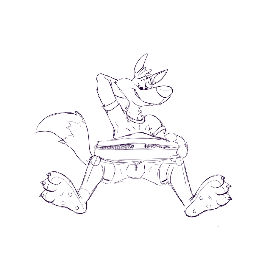 anthro barefoot bulge canine chip_the_wolf cookie_crisp delirost erection food front_view hi_res male mammal mascot monochrome open_pants penis pinup pizza poking_out pose rubbing_head short simple_background sitting sketch solo spread_legs spreading white_background wolf
