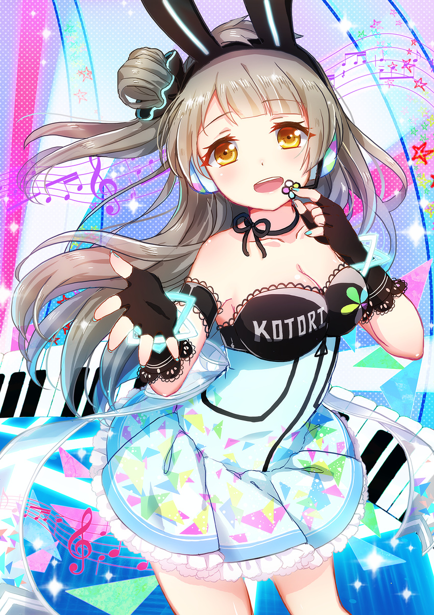 bare_shoulders birthday blush brown_eyes brown_hair cyber dress gloves long_hair love_live!_school_idol_project minami_kotori side_ponytail smile