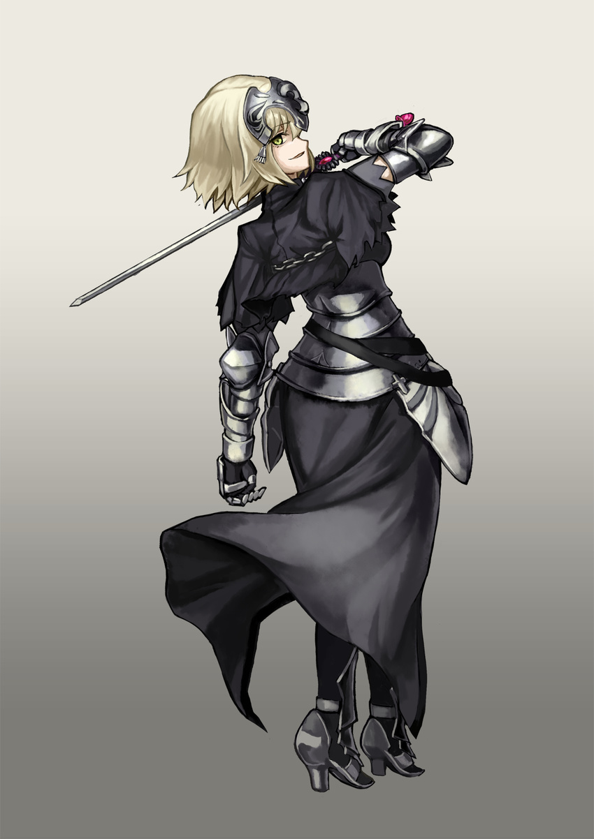armor armored_boots armored_dress black_dress black_legwear blonde_hair boots dress fate/grand_order fate_(series) from_behind full_body gauntlets gradient gradient_background grey_background hei_niao high_heel_boots high_heels highres holding holding_sword holding_weapon jeanne_d'arc_(alter)_(fate) jeanne_d'arc_(fate)_(all) looking_at_viewer looking_back short_hair solo standing sword weapon yellow_eyes