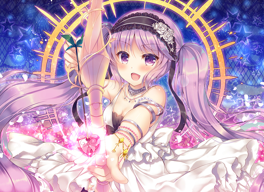 bare_shoulders blush bow_(weapon) dress euryale fate/grand_order fate/hollow_ataraxia fate_(series) hairband lolita_hairband long_hair open_mouth purple_eyes purple_hair smile suzune_rena twintails very_long_hair weapon white_dress