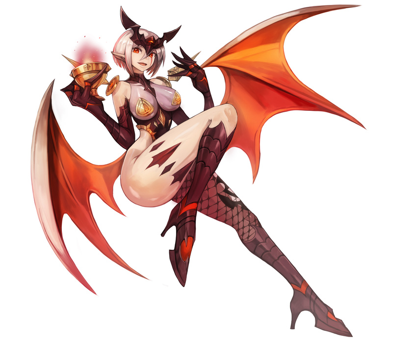 bare_shoulders bob_cut boots breasts claws collarbone commentary cup demon_girl demon_wings elbow_gloves facial_mark fishnet_legwear fishnets full_body gloves goblet hair_between_eyes hands_up headpiece high_heel_boots high_heels highres holding holding_cup knee_boots large_breasts leg_up looking_at_viewer low_wings open_mouth orange_wings original parted_lips pointy_ears red_eyes scar scar_across_eye shiny shiny_clothes shiny_hair shiny_skin short_hair shoulder_spikes silver_hair simple_background skin_tight solo sookmo spikes spread_wings succubus white_background wings