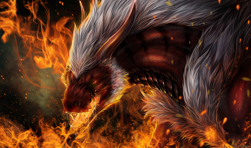 ambiguous_gender dragon feral fire hair horn isvoc open_mouth solo teeth tongue white_hair