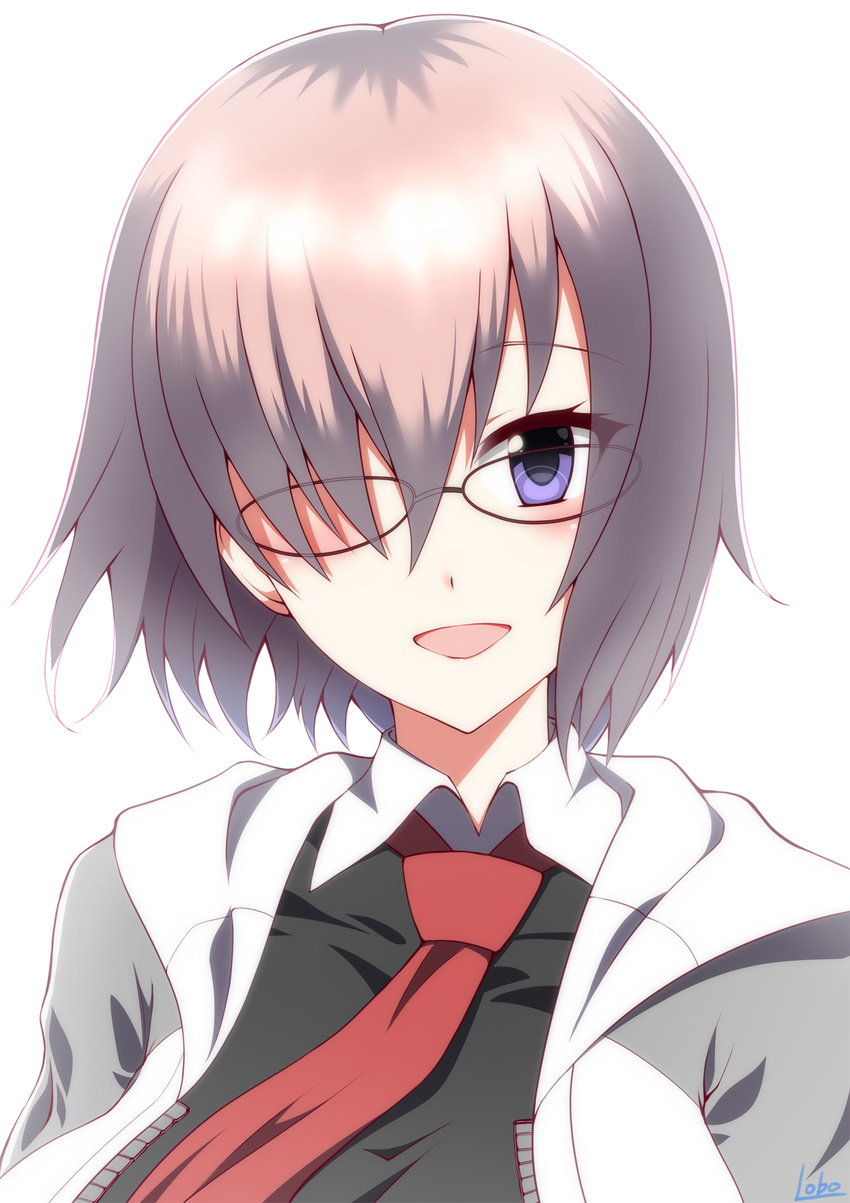 :d black-framed_eyewear black_shirt blue_eyes cardigan fate/grand_order fate_(series) glasses hair_over_one_eye highres looking_at_viewer mash_kyrielight necktie ookami_maito open_cardigan open_clothes open_mouth pink_hair red_neckwear shirt short_hair signature simple_background smile solo upper_body white_background