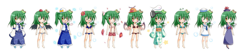 &gt;_o 3: :d ;) ;d bikini bird_wings black_wings blue_bikini blue_dress blush bow breasts brown_bikini chibi commentary_request cosplay detached_sleeves dress flower frog_hair_ornament fujiwara_no_mokou fujiwara_no_mokou_(cosplay) green_hair hair_bow hair_flower hair_ornament hat highres japanese_clothes kamishirasawa_keine kamishirasawa_keine_(cosplay) kimono kochiya_sanae konpaku_youmu konpaku_youmu_(cosplay) konpaku_youmu_(ghost) long_hair long_image long_skirt mystia_lorelei mystia_lorelei_(cosplay) obi one_eye_closed open_mouth osashin_(osada) sailor_dress sailor_hat sash shorts side_ponytail skirt smile snake_hair_ornament suspender_shorts suspenders swimsuit tokin_hat touhou variations white_bikini white_dress wide_image wings yellow_eyes