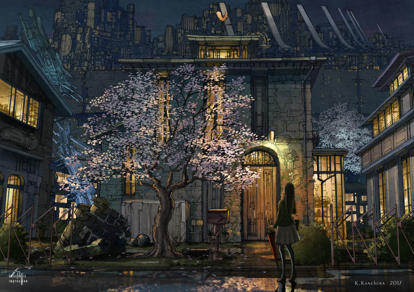 bag black_hair building bush cherry_blossoms city city_lights commentary_request dated door fence from_behind graphite_(medium) grass green_jacket grey_skirt holding holding_umbrella house jacket k_kanehira long_hair long_sleeves mailbox_(incoming_mail) night original outdoors pantyhose plant pleated_skirt puddle reflection road ruins scenery science_fiction shoes shoulder_bag signature skirt solo standing street traditional_media tree umbrella window