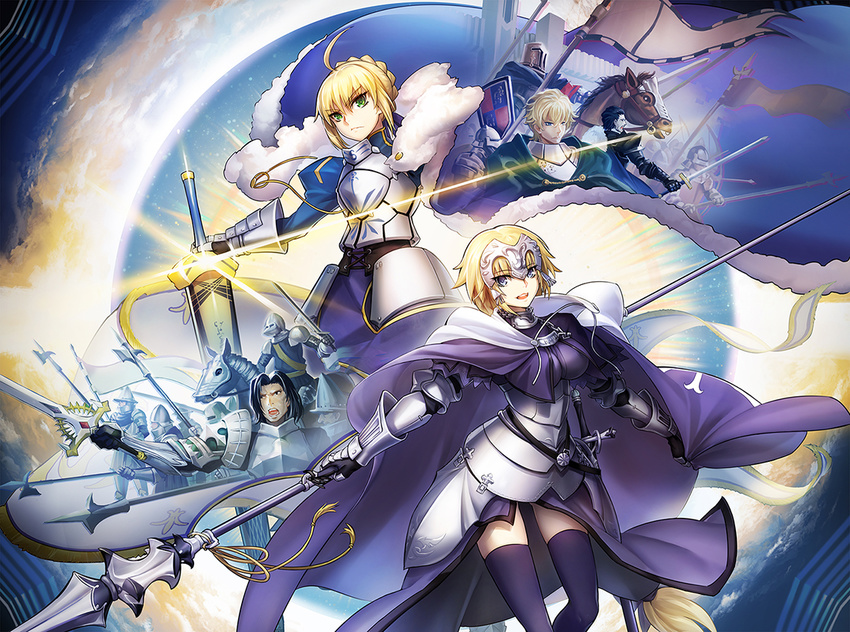 2girls :d ahoge armor armored_dress artoria_pendragon_(all) black_legwear blonde_hair blue_dress breasts breasts_apart dress eyebrows_visible_through_hair fate/grand_order fate_(series) gauntlets green_eyes hair_between_eyes holding holding_sword holding_weapon jeanne_d'arc_(fate) jeanne_d'arc_(fate)_(all) medium_breasts multiple_boys multiple_girls open_mouth polearm purple_eyes saber sheath sheathed short_hair smile spear sword thighhighs todee weapon