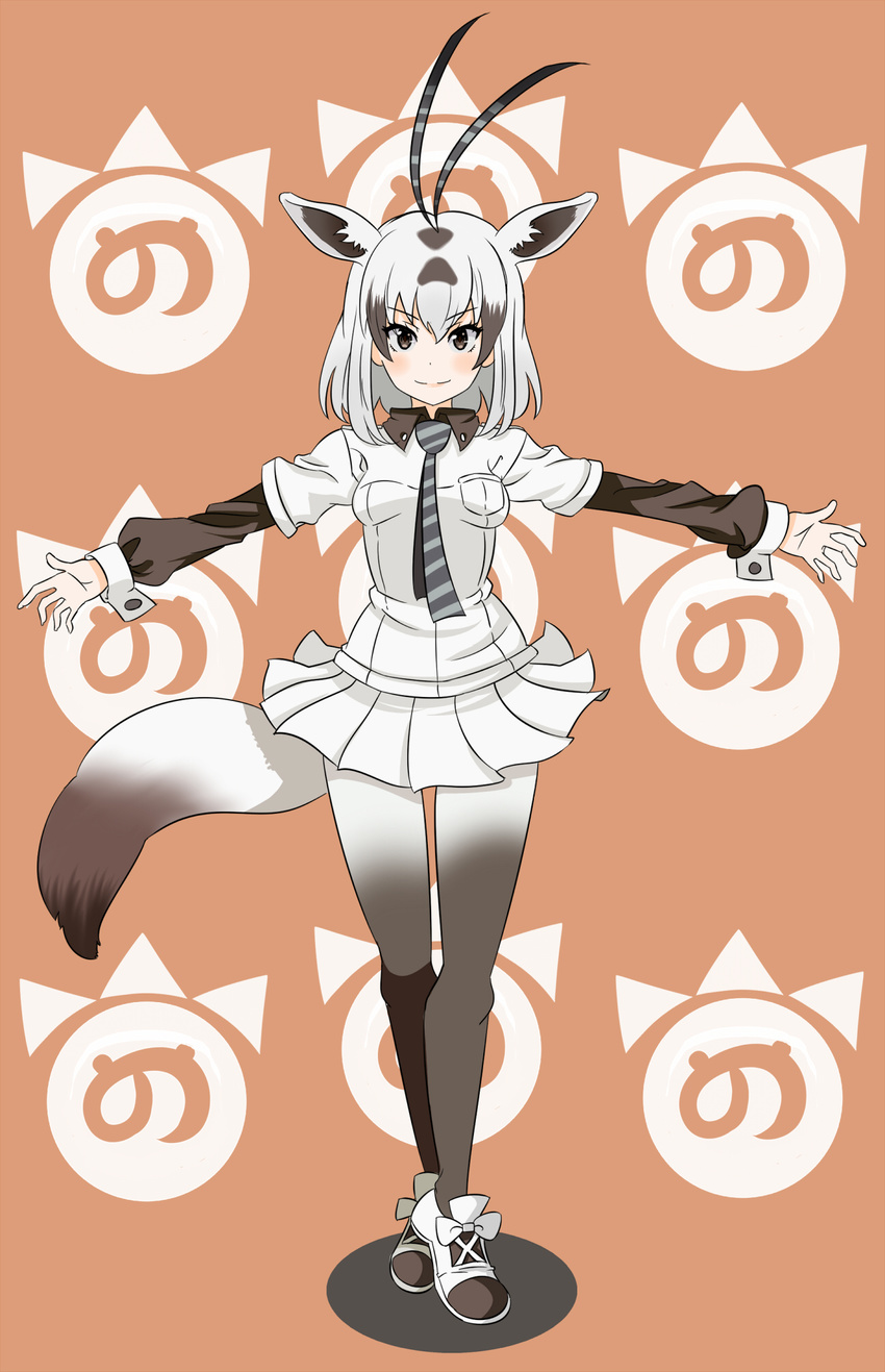 animal_ears antenna_hair arabian_oryx_(kemono_friends) bangs bow breast_pocket breasts brown_eyes brown_hair brown_legwear closed_mouth collared_shirt commentary cross-laced_footwear diagonal_stripes dot_nose eyebrows_visible_through_hair eyelashes eyes_visible_through_hair full_body gradient_legwear grey_neckwear hair_between_eyes highres japari_symbol kemono_friends layered_clothing long_sleeves looking_at_viewer miniskirt multicolored_hair necktie okuba open_hands orange_background oryx_ears oryx_tail outstretched_arms pantyhose pleated_skirt pocket puffy_long_sleeves puffy_sleeves shadow shirt shoe_bow shoes short_hair silver_hair simple_background skirt sleeve_cuffs small_breasts smile solo spread_arms standing streaked_hair striped striped_neckwear thigh_gap two-tone_hair white_bow white_footwear white_legwear white_skirt wing_collar