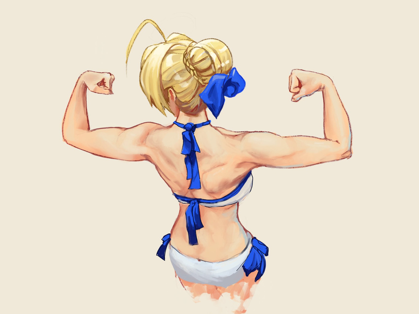 ahoge artoria_pendragon_(all) artoria_pendragon_(swimsuit_archer) biceps bikini blonde_hair commentary derivative_work fate/stay_night fate_(series) flexing from_behind hair_bun highres muscle muscular_female phil_dragash pose reference_work saber swimsuit