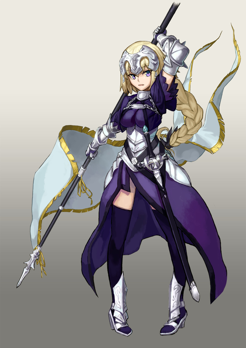 arm_up armor armored_boots armored_dress banner black_legwear blonde_hair blue_dress boots braid breasts breasts_apart dress fate/apocrypha fate_(series) full_body gauntlets gradient gradient_background grey_background hei_niao high_heel_boots high_heels highres holding holding_weapon jeanne_d'arc_(fate) jeanne_d'arc_(fate)_(all) long_hair medium_breasts polearm sheath sheathed single_braid solo spear sword thighhighs very_long_hair weapon
