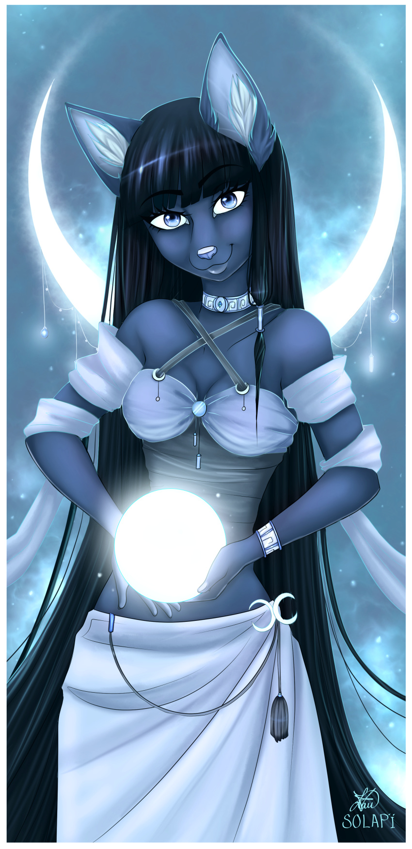 absurd_res anthro black_hair blue_eyes blue_fur breasts cat clothed clothing collar feline female fur hair hi_res holding_object looking_at_viewer mammal moon solapi_(artist) solo