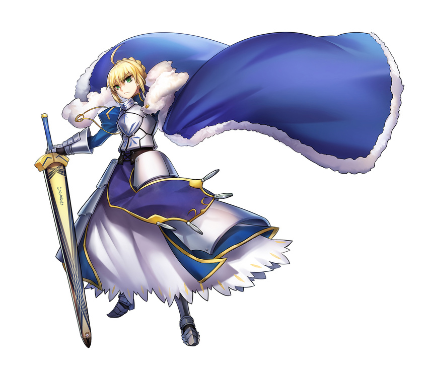 ahoge armor armored_dress artoria_pendragon_(all) avalon_(fate/stay_night) blonde_hair blue_cape blue_dress blue_ribbon cape dress excalibur fate/stay_night fate_(series) full_body gauntlets green_eyes hair_between_eyes hair_ribbon highres holding holding_sword holding_weapon ribbon saber short_hair simple_background solo standing sword todee weapon white_background