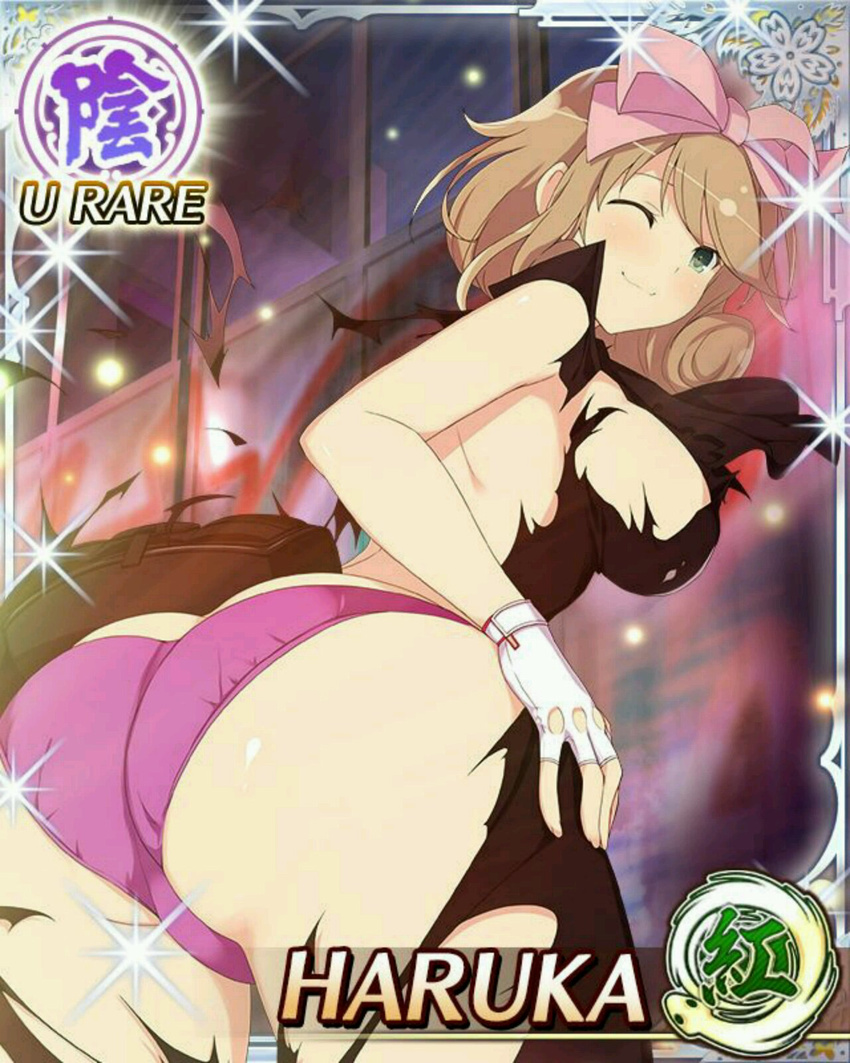 10s 1girl ass back bow breasts brown_hair butt_crack card character_name curly_hair emblem fingerless_gloves from_behind gloves hair_bow haruka_(senran_kagura) huge_ass large_breasts leaning leaning_forward looking_at_viewer official_art panties pink_panties senran_kagura senran_kagura_(series) shiny shiny_hair shiny_skin sideboob smile solo torn_clothes underwear yaegashi_nan