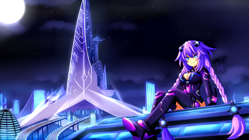1girl blue_eyes bodysuit braid breasts city cleavage cleavage_cutout cundodeviant hair_ornament highres large_breasts large_filesize leotard long_hair looking_away neptune_(choujigen_game_neptune) neptune_(series) night purple_hair purple_heart solo standing symbol-shaped_pupils thighhighs tied_hair twin_braids