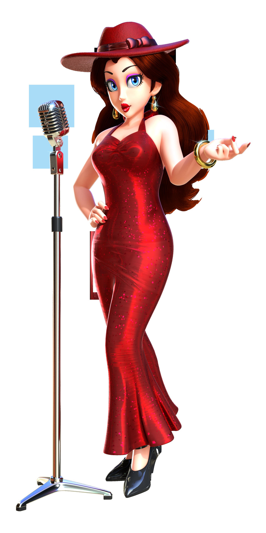 blue_eyes bracelets brown_hair dress earrings eyeshadow hat high_heels lips lipstick looking_at_viewer official_art pauline red_lipstick super_mario_bros. super_mario_odyssey wide_hips