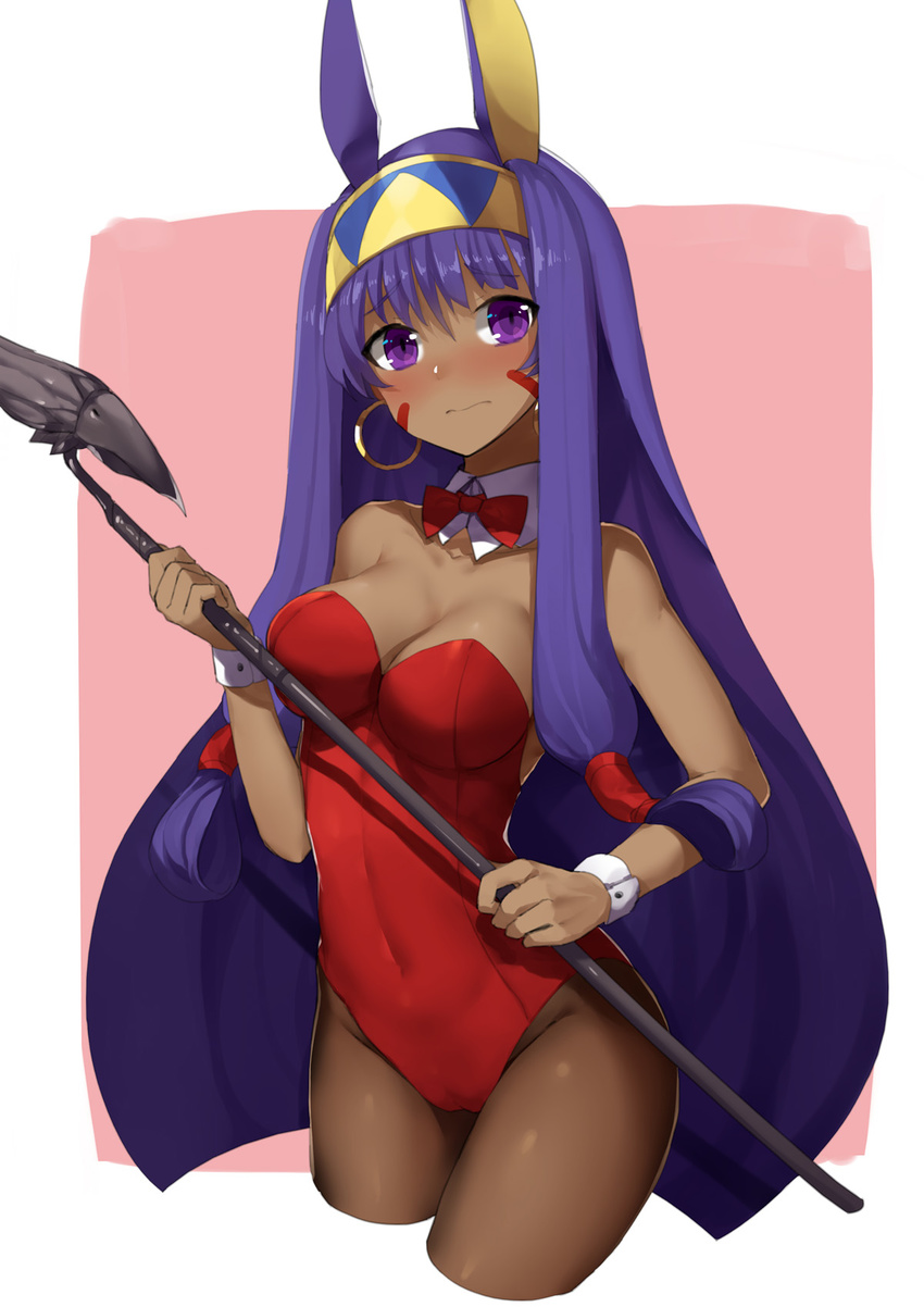 bangs bare_shoulders black_legwear blush breasts bunnysuit cleavage closed_mouth commentary_request covered_navel cropped_legs dark_skin egyptian eyebrows_visible_through_hair facepaint fate/grand_order fate_(series) hair_between_eyes hairband hand_up highres holding holding_staff leotard long_hair looking_at_viewer medium_breasts nitocris_(fate/grand_order) nose_blush pantyhose purple_hair red_leotard sh_(562835932) solo staff thighs very_long_hair wrist_cuffs